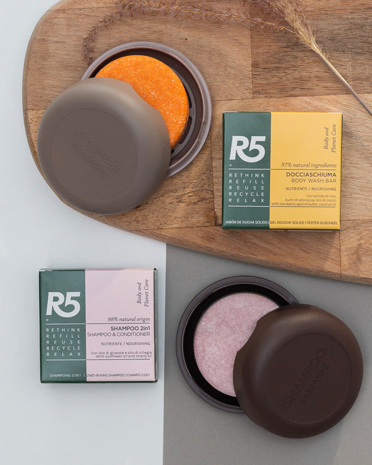 R5 Senses - Kit de Champú 2 en 1 + Espumador de Ducha Sólido